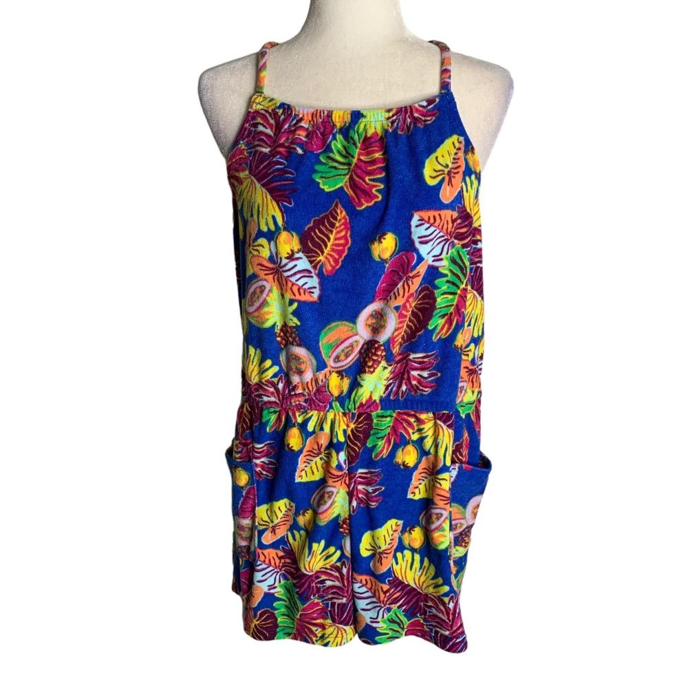 There Abouts Sleeveless Terry Cloth Romper 2XL Girls Blue Floral Pockets Elastic